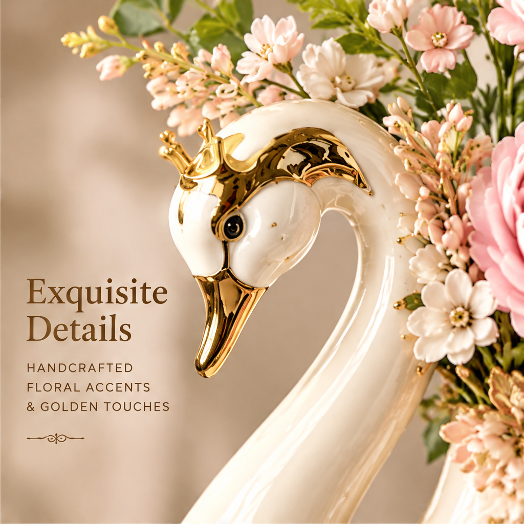 KINTURU Crown Swan Ivory Ceramic Vase with 3D Floral Gold Accents