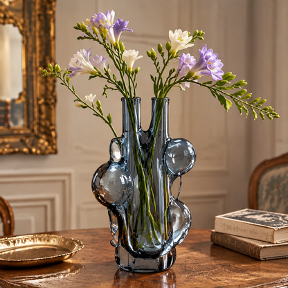 KINTURU Smoke Blue Dual-Neck Bubble Glass Vase