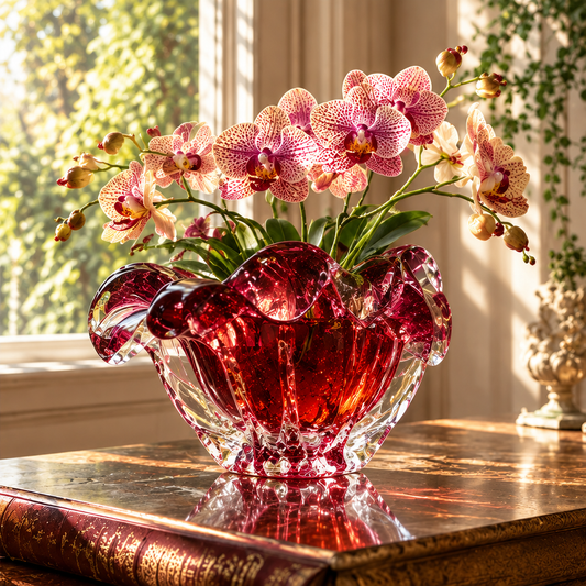 KINTURU Amber Red Pierced Globe Art Glass Vase