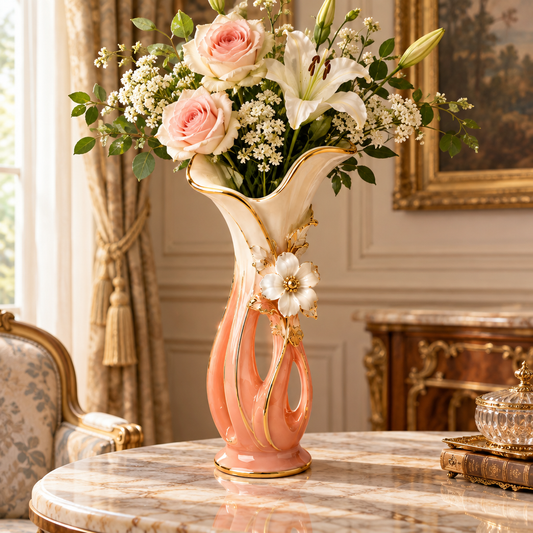KINTURU Blush Pink Gold-Trim Lattice Ceramic Flower Vase