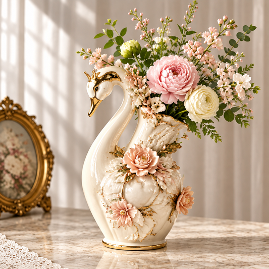 KINTURU Crown Swan Ivory Ceramic Vase with 3D Floral Gold Accents