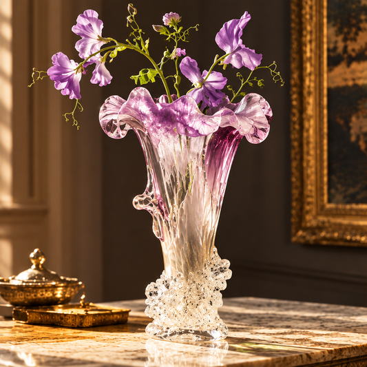 KINTURU Lilac Ruffle Petal Bubble-Base Art Glass Vase