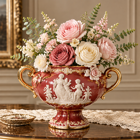 KINTURU Oxblood Red Twin-Handle Classical Scene Ceramic Urn Vase