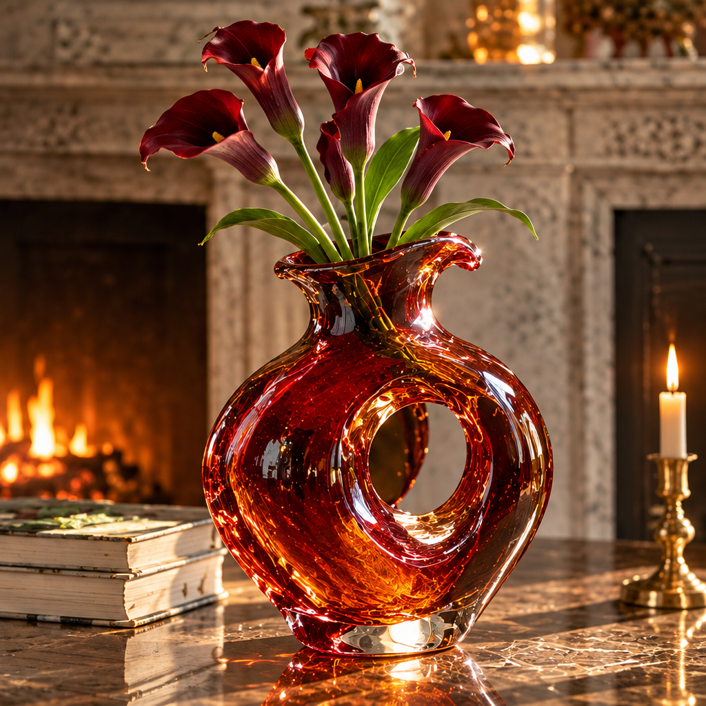 KINTURU Amber Red Circle-Cut Art Glass Round Vase