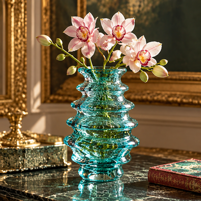 KINTURU Teal Stacked Ring Wave Art Glass Vase
