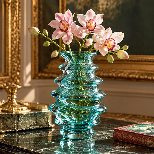 KINTURU Teal Stacked Ring Wave Art Glass Vase