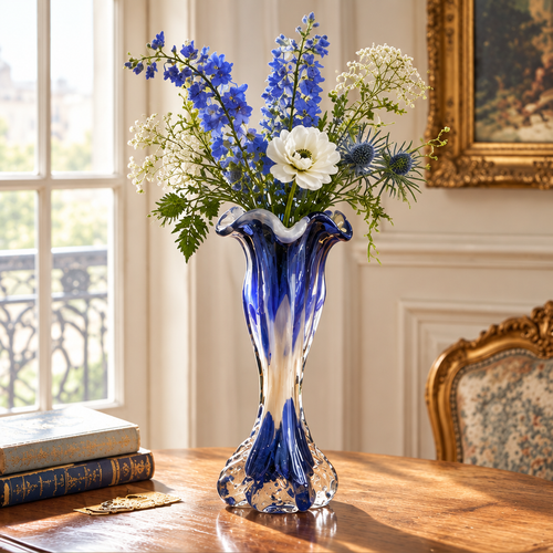 KINTURU French Blue Swirl Hand-Blown Glass Vase