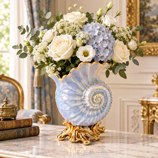 KINTURU Iridescent Nautilus Shell Ceramic Gold Base Vase