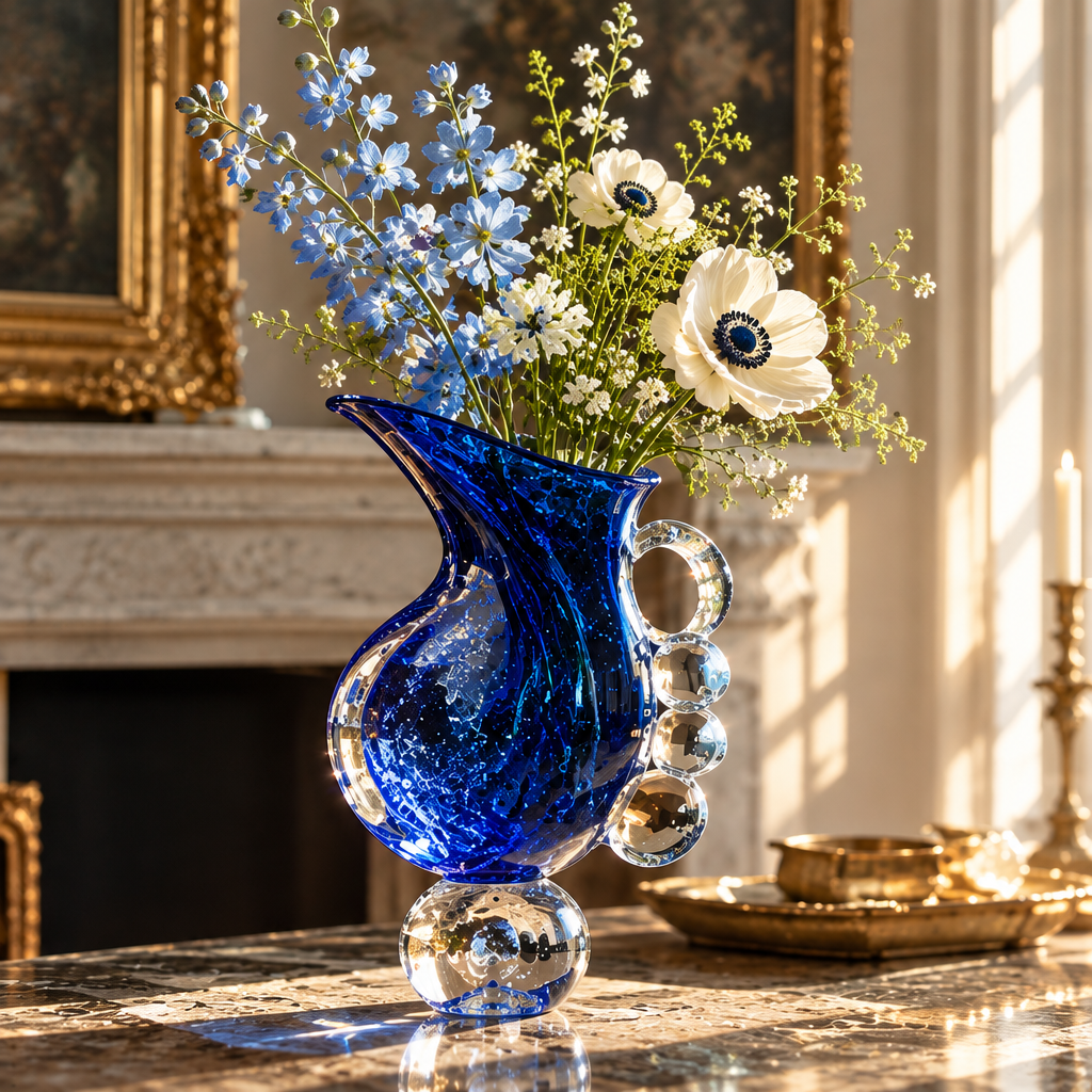 KINTURU Cobalt Blue Galaxy Art Glass Pitcher Vase