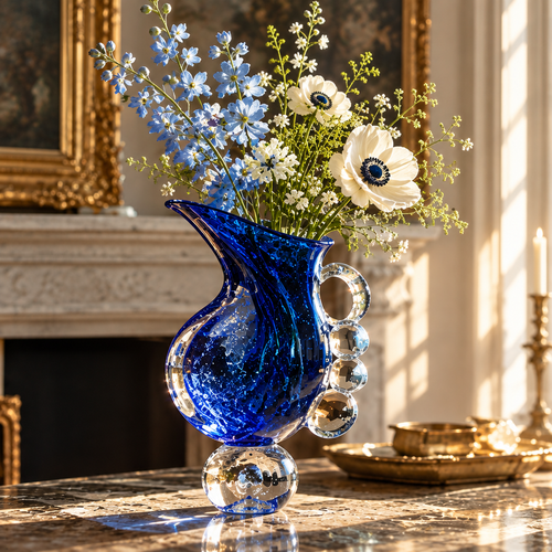KINTURU Cobalt Blue Galaxy Art Glass Pitcher Vase