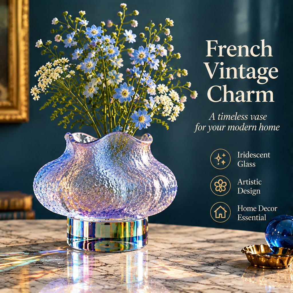 KINTURU Iridescent Textured Glass Vase Crystal Base