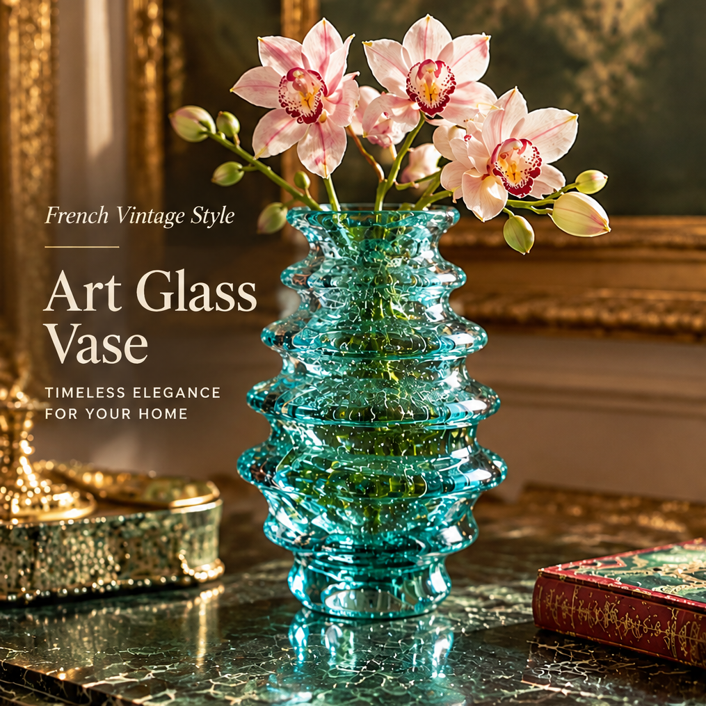 KINTURU Teal Stacked Ring Wave Art Glass Vase