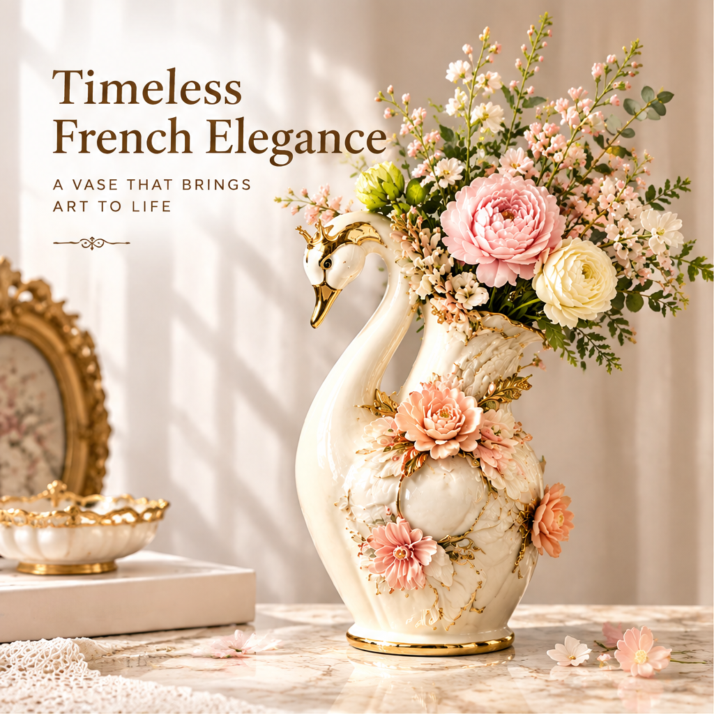 KINTURU Crown Swan Ivory Ceramic Vase with 3D Floral Gold Accents