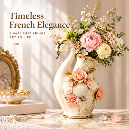 KINTURU Crown Swan Ivory Ceramic Vase with 3D Floral Gold Accents