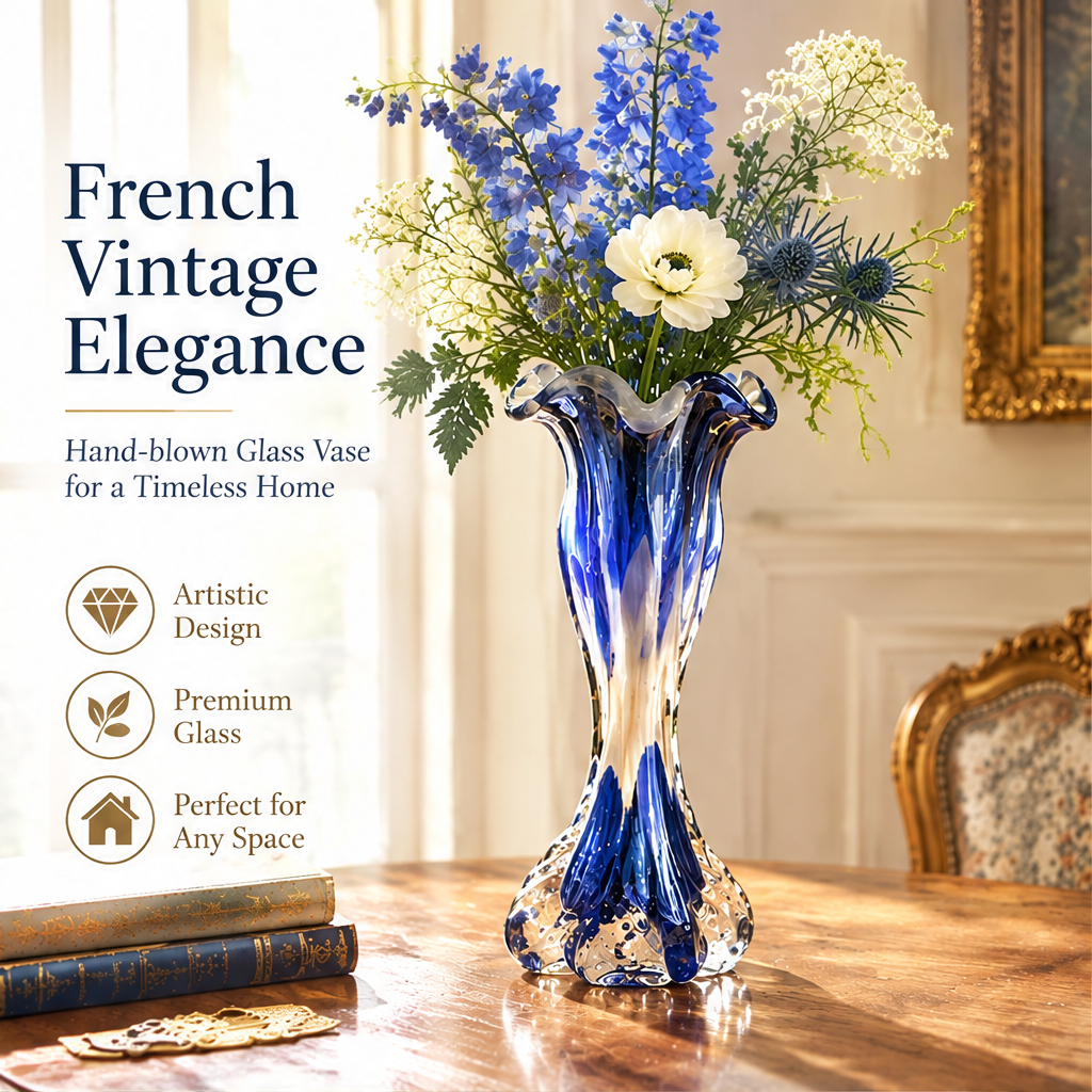 KINTURU French Blue Swirl Hand-Blown Glass Vase