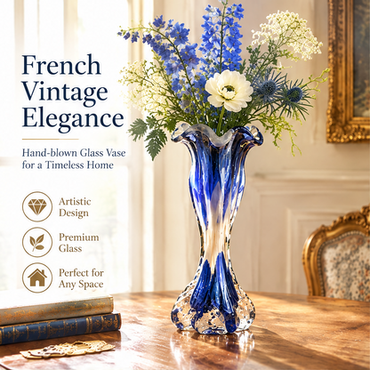 KINTURU French Blue Swirl Hand-Blown Glass Vase