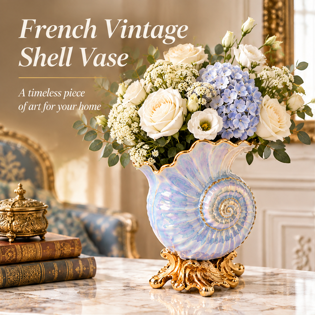KINTURU Iridescent Nautilus Shell Ceramic Gold Base Vase