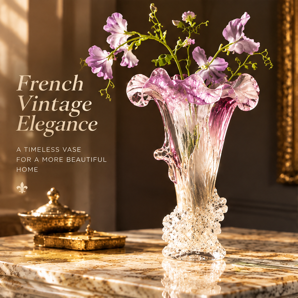 KINTURU Lilac Ruffle Petal Bubble-Base Art Glass Vase