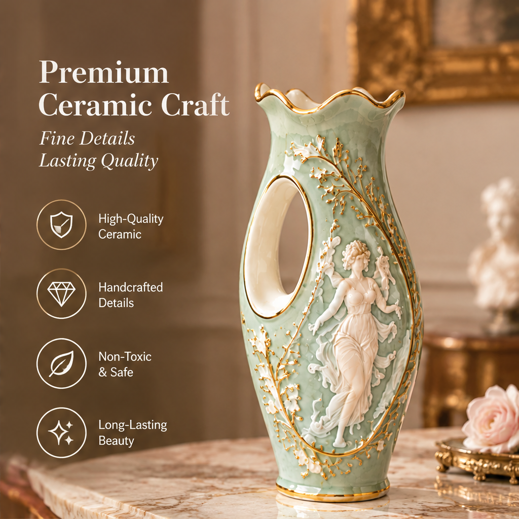 KINTURU Relief Goddess Pierced Ceramic Vase in Celadon Green