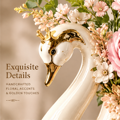 KINTURU Crown Swan Ivory Ceramic Vase with 3D Floral Gold Accents