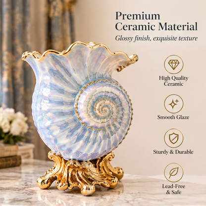 KINTURU Iridescent Nautilus Shell Ceramic Gold Base Vase