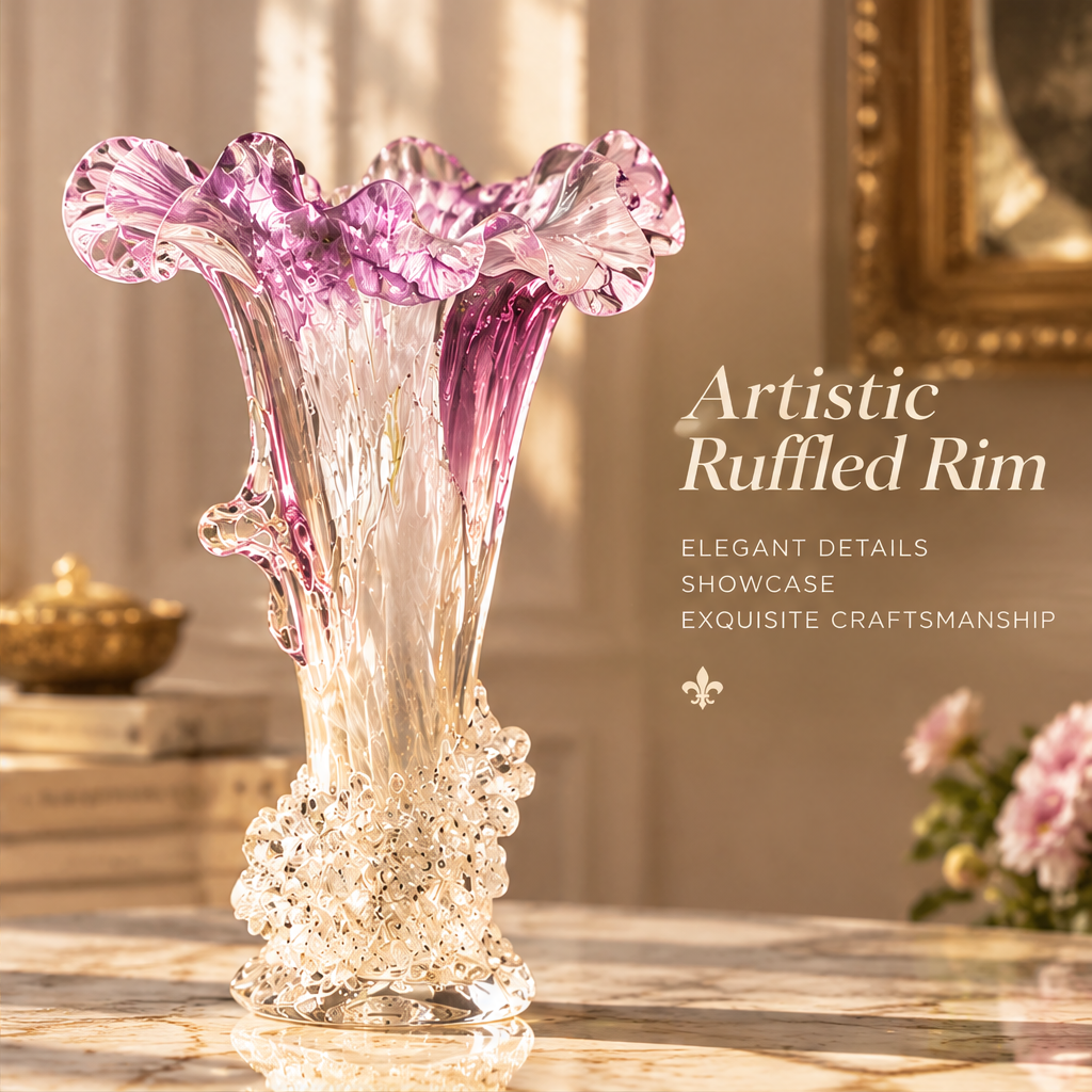 KINTURU Lilac Ruffle Petal Bubble-Base Art Glass Vase