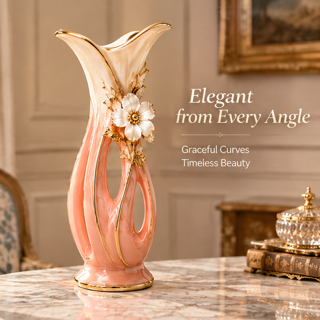 KINTURU Blush Pink Gold-Trim Lattice Ceramic Flower Vase