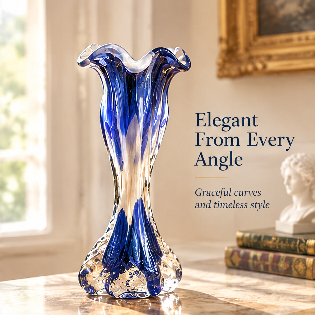 KINTURU French Blue Swirl Hand-Blown Glass Vase