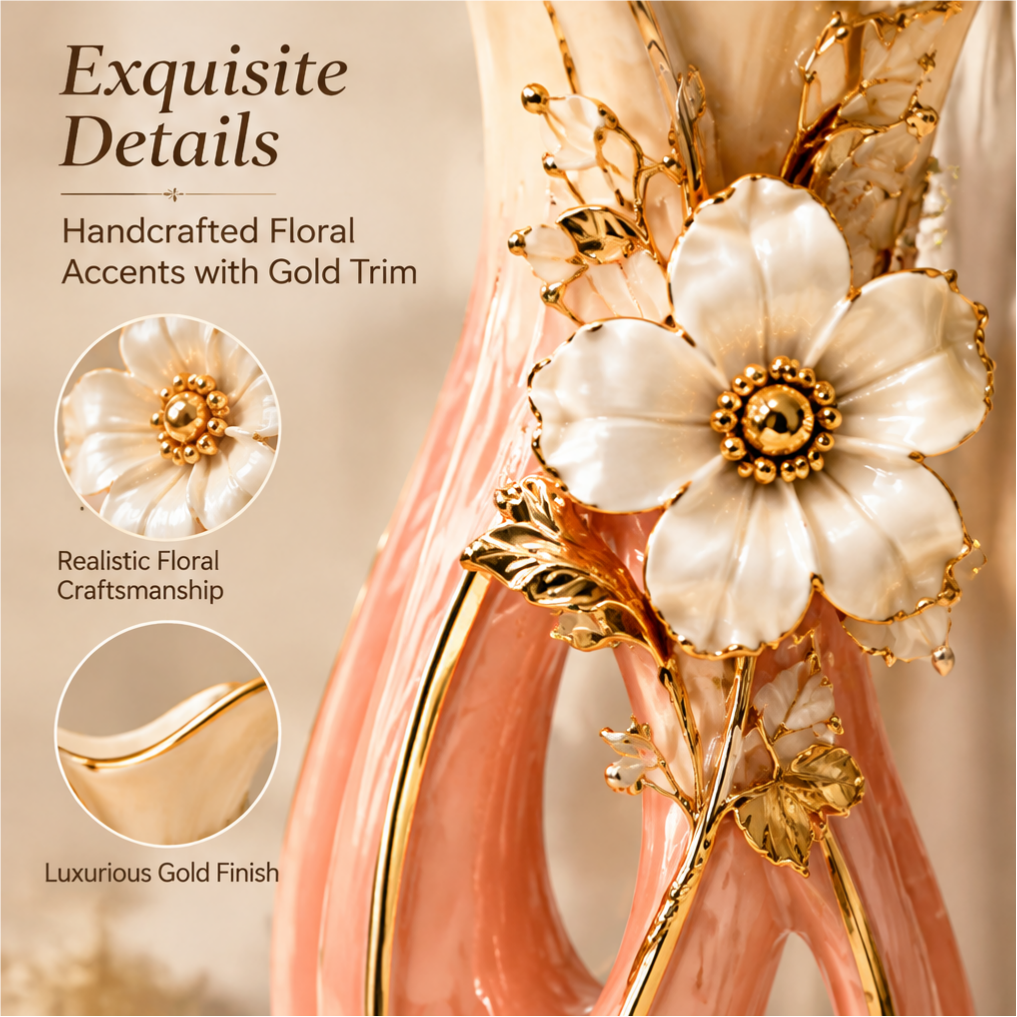 KINTURU Blush Pink Gold-Trim Lattice Ceramic Flower Vase