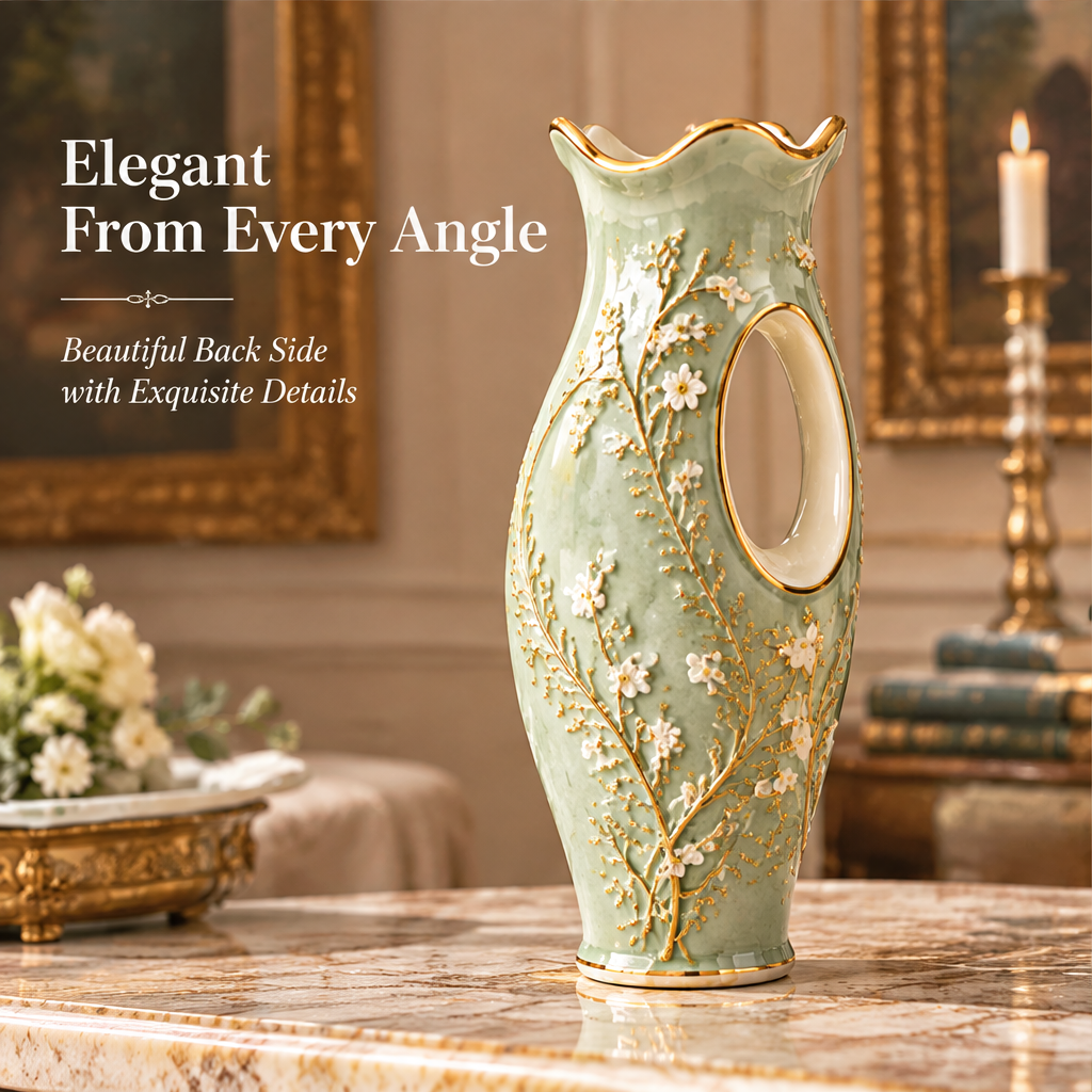 KINTURU Relief Goddess Pierced Ceramic Vase in Celadon Green