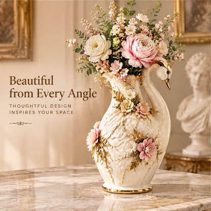 KINTURU Crown Swan Ivory Ceramic Vase with 3D Floral Gold Accents