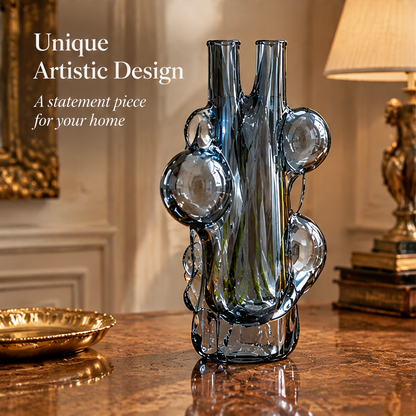 KINTURU Smoke Blue Dual-Neck Bubble Glass Vase