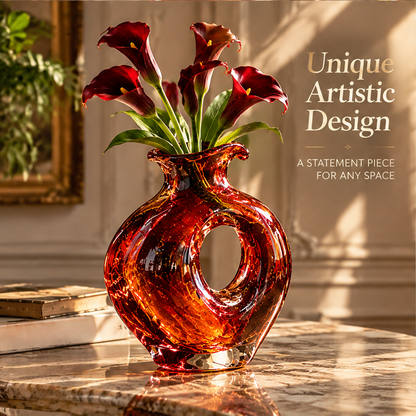 KINTURU Amber Red Circle-Cut Art Glass Round Vase
