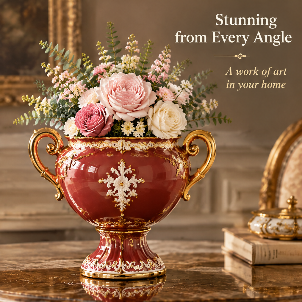 KINTURU Oxblood Red Twin-Handle Classical Scene Ceramic Urn Vase