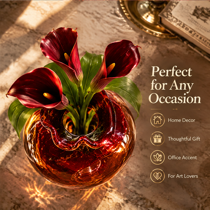 KINTURU Amber Red Circle-Cut Art Glass Round Vase