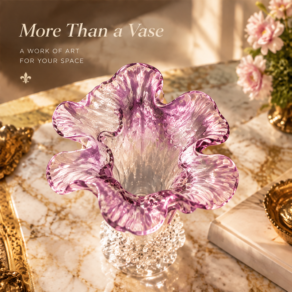 KINTURU Lilac Ruffle Petal Bubble-Base Art Glass Vase