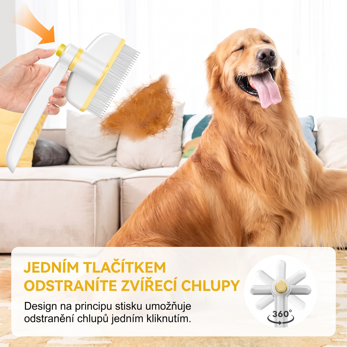 🐾 Otočný hřeben na srst pro psa a kočku s tlačítkem pro uvolnění chlupů a flexibilní hlavicí – Samočišticí kartáč na vyčesávání podsady ✨