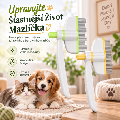 🐾 Otočný hřeben na srst pro psa a kočku s tlačítkem pro uvolnění chlupů a flexibilní hlavicí – Samočišticí kartáč na vyčesávání podsady ✨