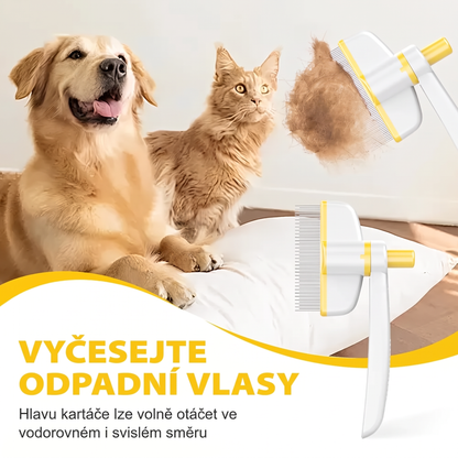 🐾 Otočný hřeben na srst pro psa a kočku s tlačítkem pro uvolnění chlupů a flexibilní hlavicí – Samočišticí kartáč na vyčesávání podsady ✨
