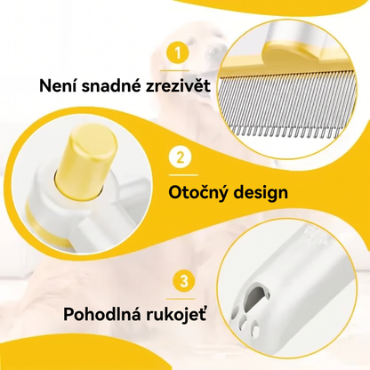 🐾 Otočný hřeben na srst pro psa a kočku s tlačítkem pro uvolnění chlupů a flexibilní hlavicí – Samočišticí kartáč na vyčesávání podsady ✨